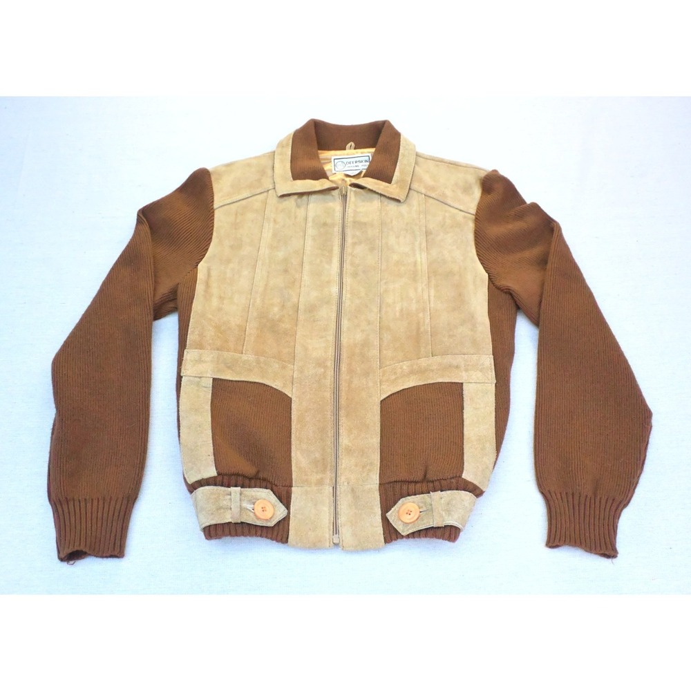Vintage 80s Deerskin Trading Post Size L Leather Bomber Jacket Brown Tan Knit